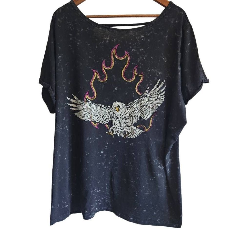 Torrid Graphic Mineral Wash Slashed Neck Eagle Find Your Fire Short Sleeve T Shi
